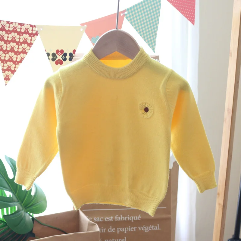 

2020 Korean Fall Winter Boys Knitted Daisy Sweater Girls Solid Color Base Round Neck Pullover Sweater Clothes for Teenagers