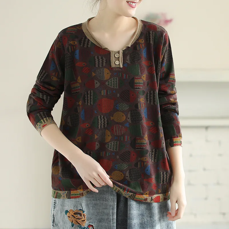 Весна-Осень 2020 свитер в стиле ретро Женский вязаный Свободный пуловер с принтом