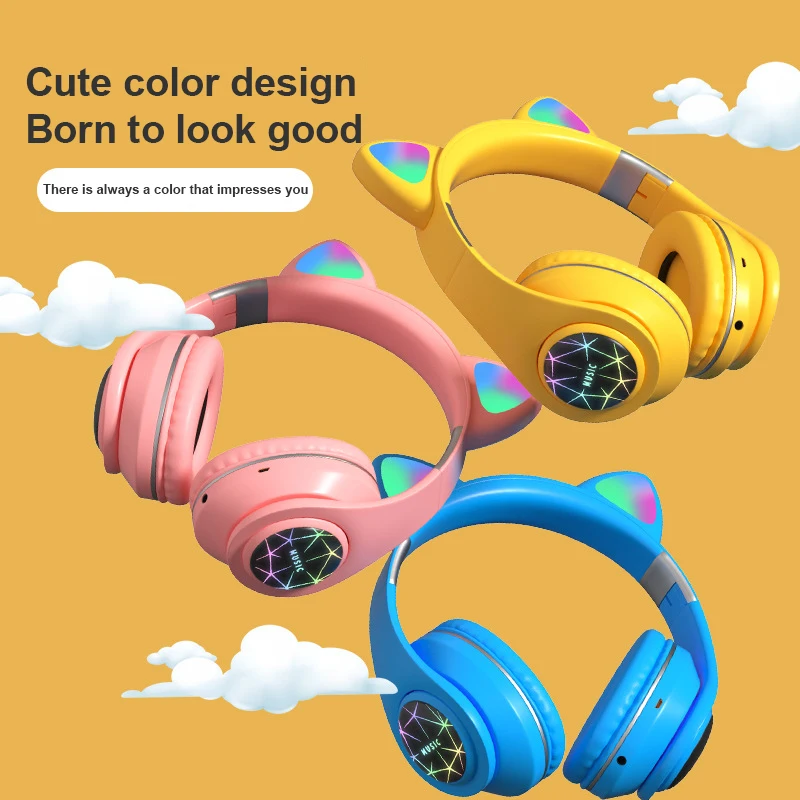 Bluetooth Headphones Wireless Cat Cute Ear Headphone Foldable Headset Support TF Card/FM Radio/Bluetooth AUX Stereo | Электроника