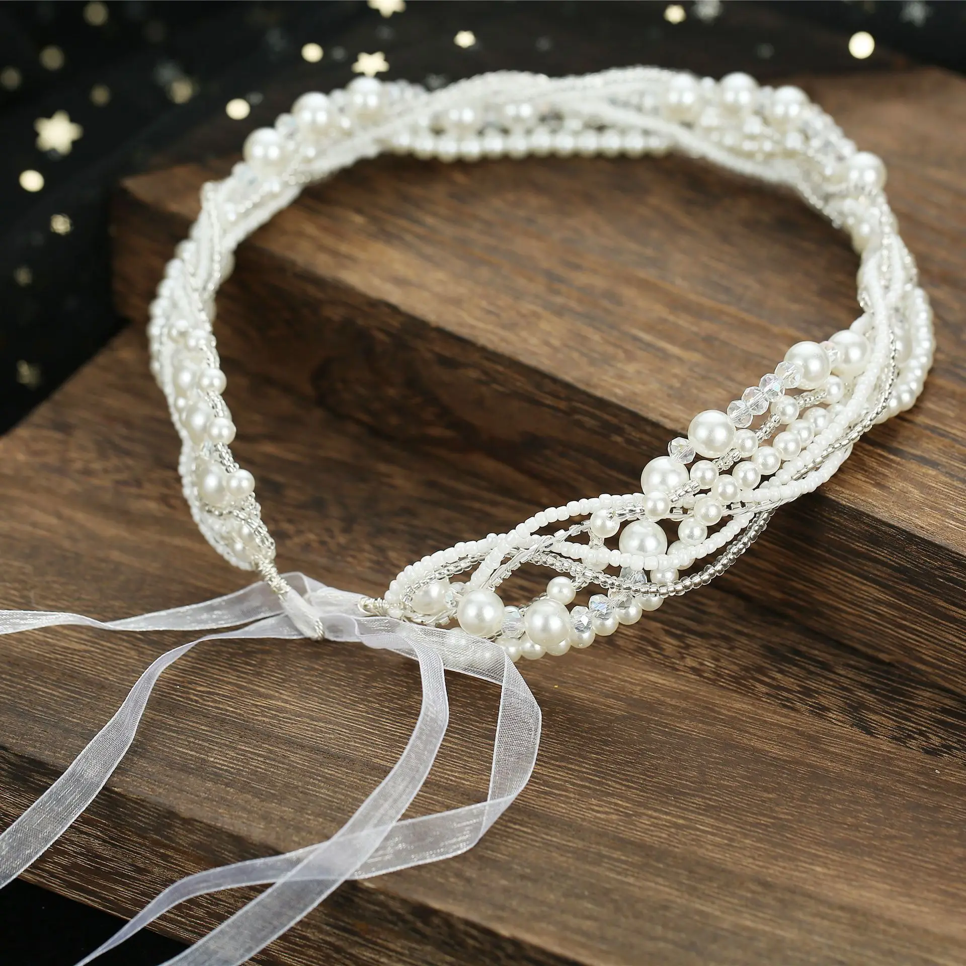 

Headband Handmade Bridal Headpieces Wedding Headband with Ribbon Pearl Woven Hair Accessories for Wedding Party