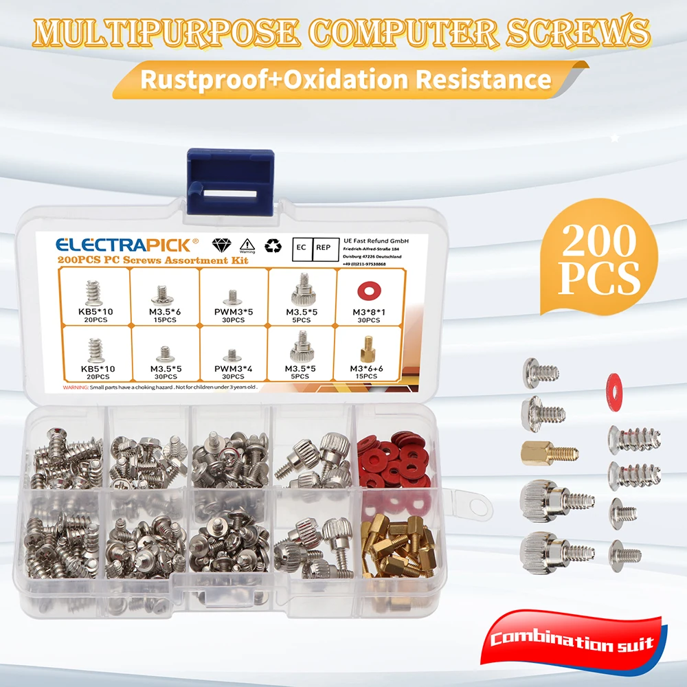 

ELECTRAPICK 200pcs Computer Screws Kit for Motherboard PC Case Fan CD-ROM Hard Disk Notebook Metic Nut and Bolt Assortment
