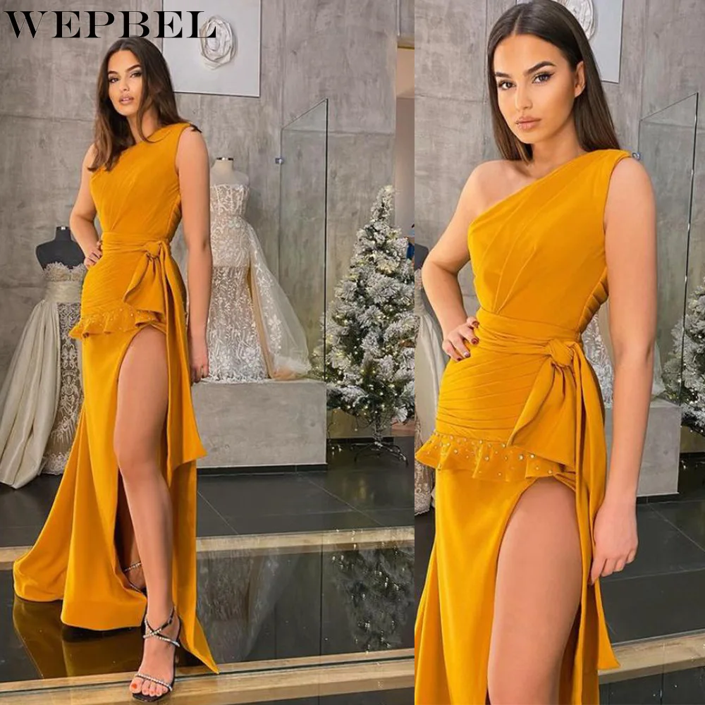 

WEPBEL Women's Elegant Ruched Party Evening Dress Ladies Sexy Fashion One Shoulder High Waist Lace Up Slit Party Dress