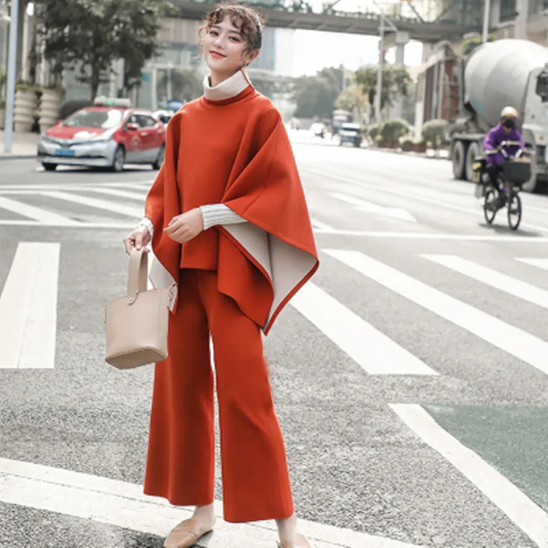 

2021 Winter Autumn Thicken Warm Knitted Suit 2 Piece Turtleneck Cloak Loose Tops And Pants Woman Woolen Blends Sweater Set