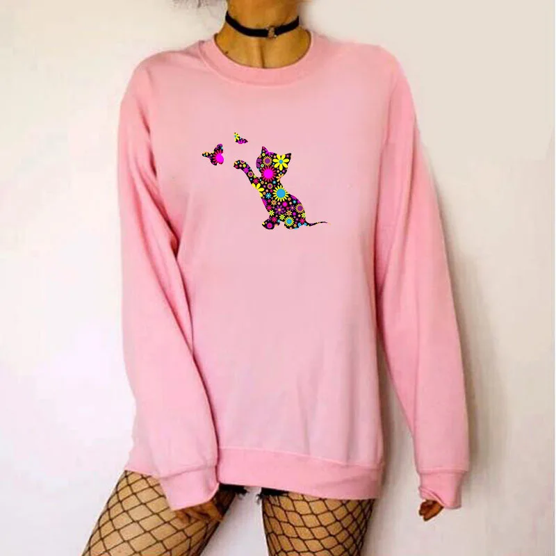 

Women Hoodie Cat Catching Butterfly Printed Hoodies Women Fleece Long Sleeve O Neck Loose Sweatshirt Girls Pullovers Winter