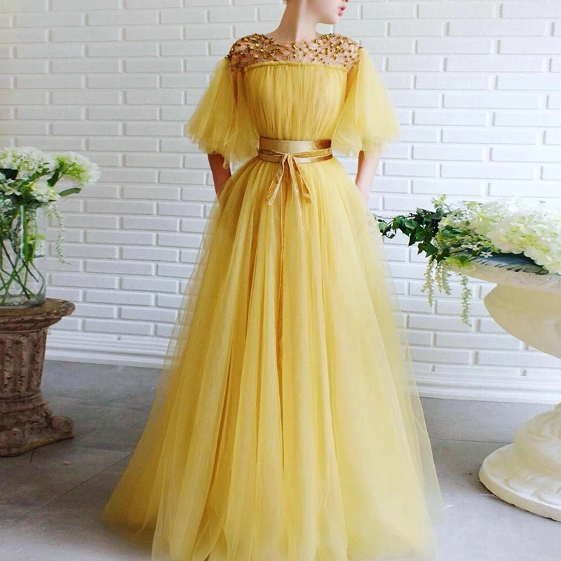 

On Sale Charming Yellows Half Sleeves Prom Party Dresses Long Beading Jewel Neckline Wedding Guest Gowns Back Out Bow Belt 2021
