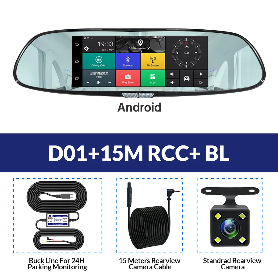 E-ACE 3G " сенсорный Автомобильный видеорегистратор Камера gps Bluetooth двойной объектив зеркало заднего вида Android 5,0 видео регистратор Full HD 1080P авто видеорегистратор - Название цвета: D01-15M RCC-BL