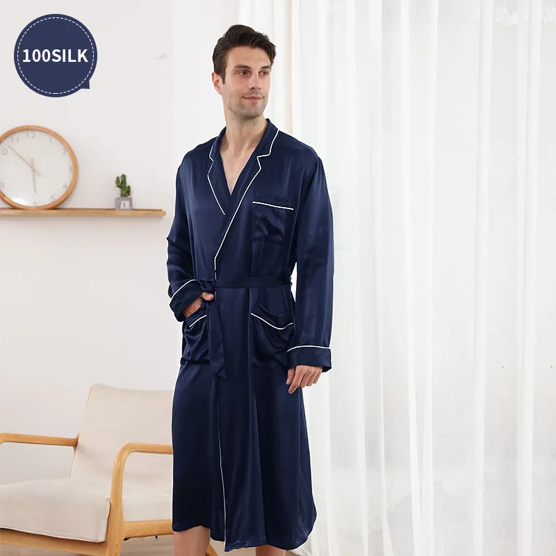 22 MM mulberry silk long nightgown robe men's silk pajamas bathrobe 100% mulberry silk sleep robe