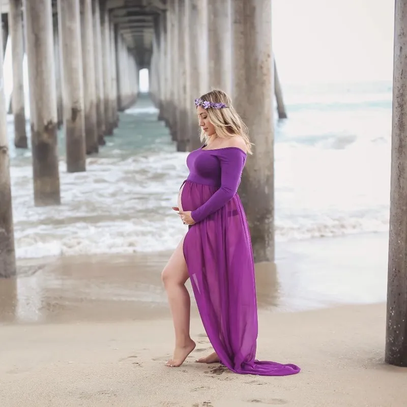Женское шифоновое длинное платье с разрезом Открытое макси для беременных