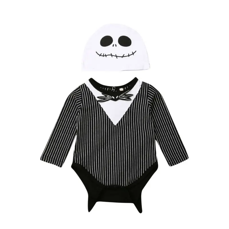 2Pcs Newborn Infant Kid Baby Boy Romper Halloween Bat Striped Long Sleeve Jumpsuit Playsuit Ghost Hat Clothes Costume 0-18M | Детская