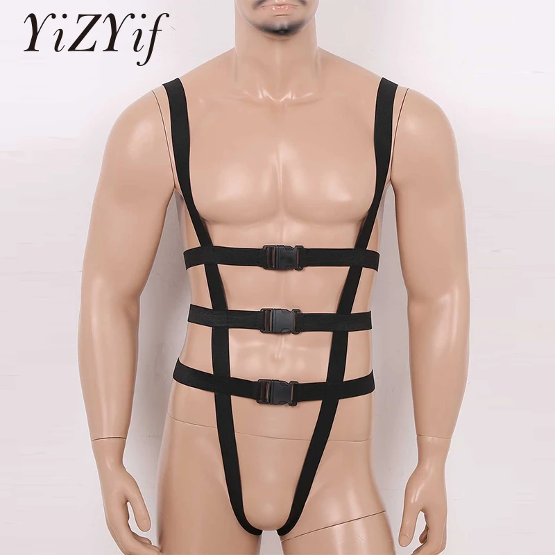 

Men Full Body Chest Harness Belts Waist Straps Elastic Suspenders With Jock Strap Bottoms Plastic Buckles Cosplay Club Costumes