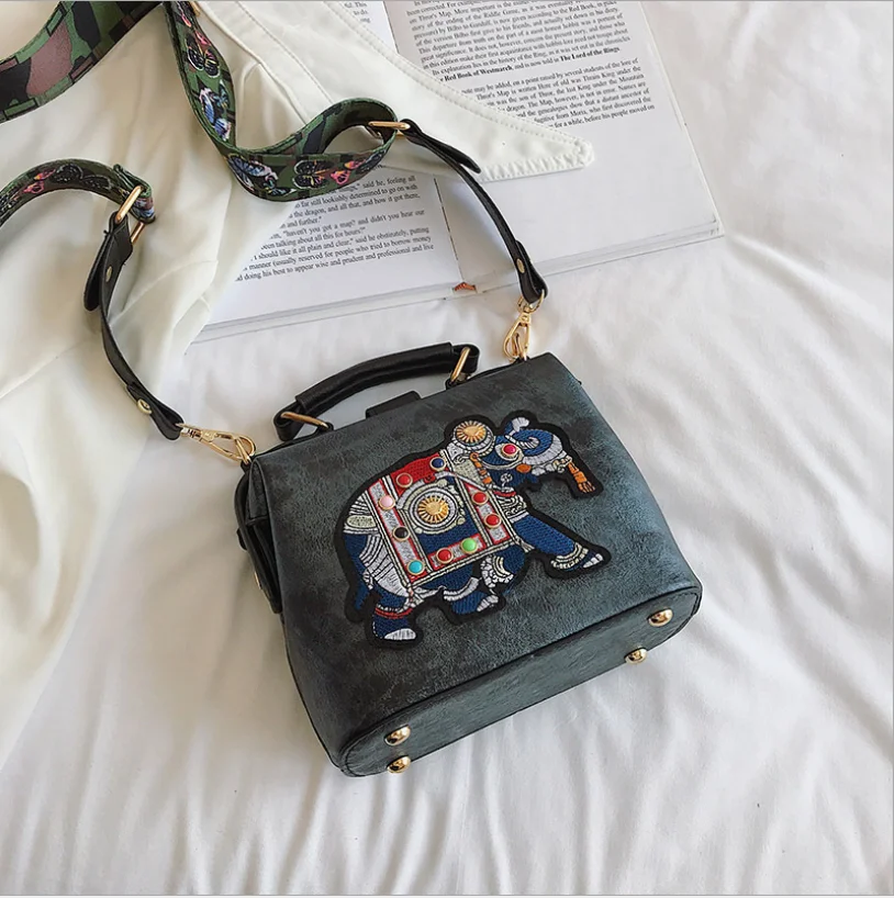 

Vintage Embroidery Elephant Bag Bags Wide Butterfly Strap PU Leather Women Shoulder Crossbody Bag Tote Women's Handbags Purses