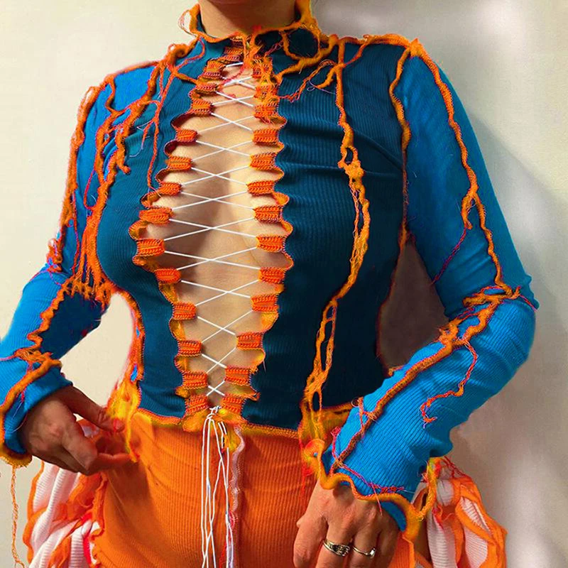 

Футболка женская облегающая с длинным рукавом, пикантный Повседневный бандажный топ с вырезами, водолазка, уличная одежда