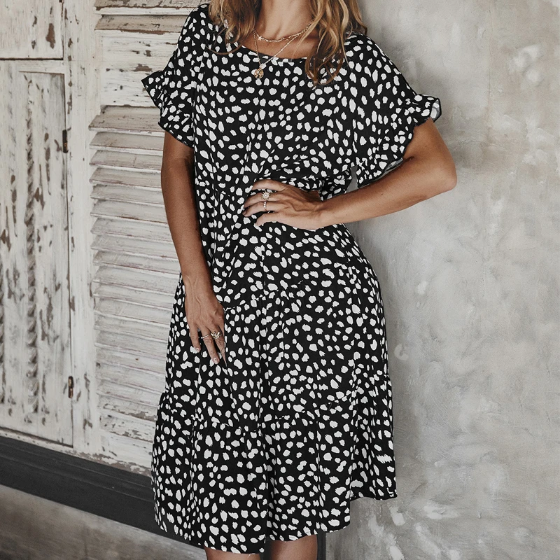

2021 Spring Summer New LotusLeaf Sleeve Round Neck Elegant Women's Dresses Fashion Dot Print Casual Loose Solid Color Knee Dress