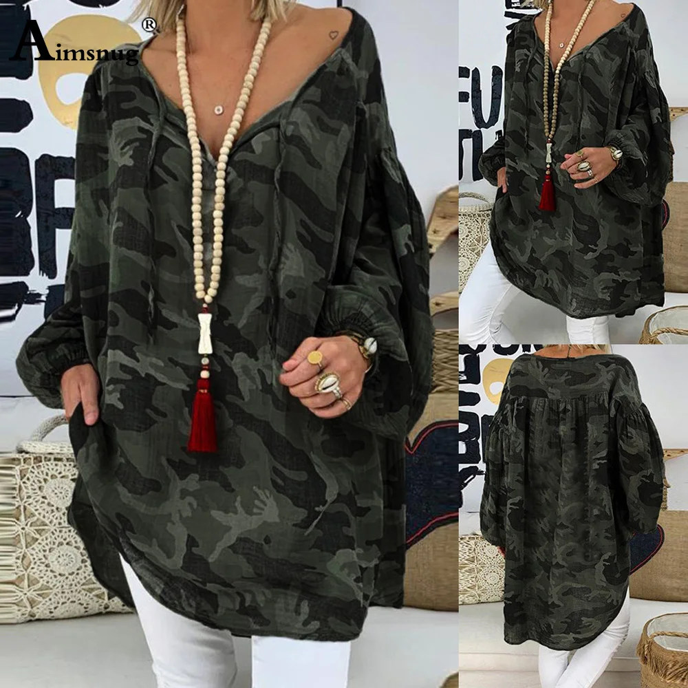 

Plus size Women Long Blouse Casual Shirt Fashion Camouflage Print V-neck Loose Basic Tops Femme 2020 Summer Boho Leisure Blouses