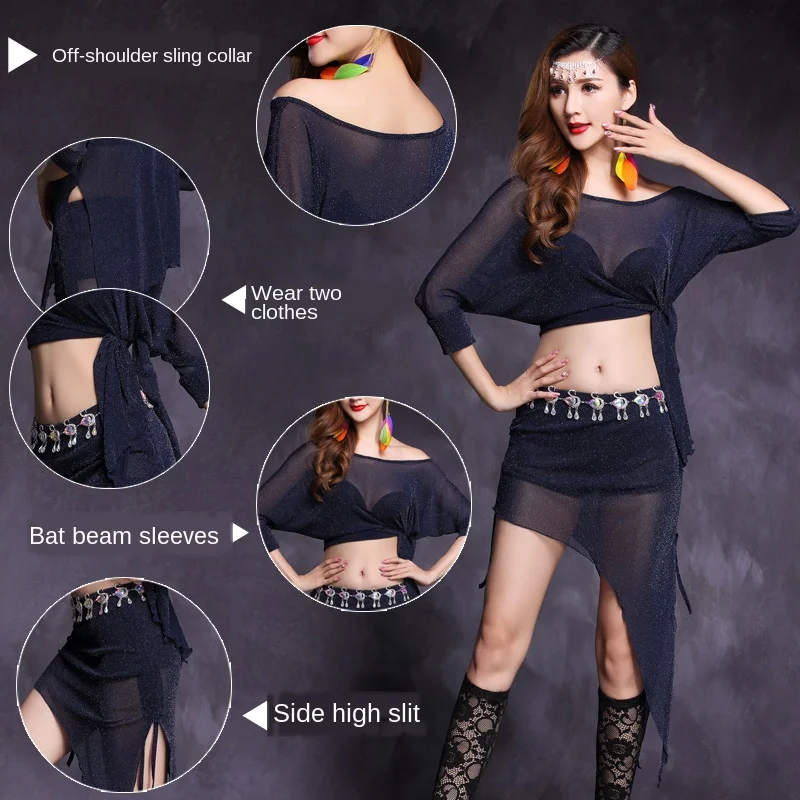 

New Belly Dance Competition Set Women Belly Dance Costume Haft-sleeved Top +short Skirt Dancer Practice Outfits Polyester