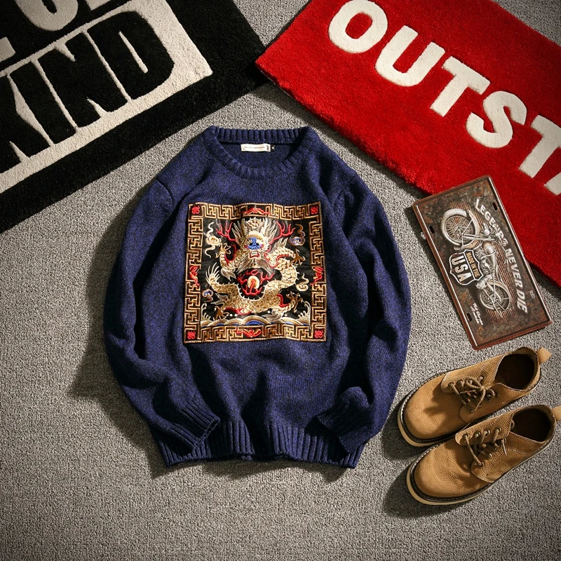 

Kylin's New Autumn/winter Chinese Style Square Dragon Embroidered Large Size Pullover Knitwear
