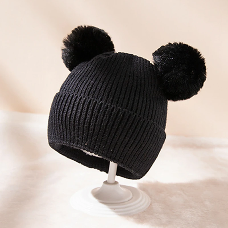 

Toddler Fashion Plush Warm Knitting Wool Caps Solid Color Double Fluffy Ball Infant Hat Baby Headwear Christmas Gift Photo Props
