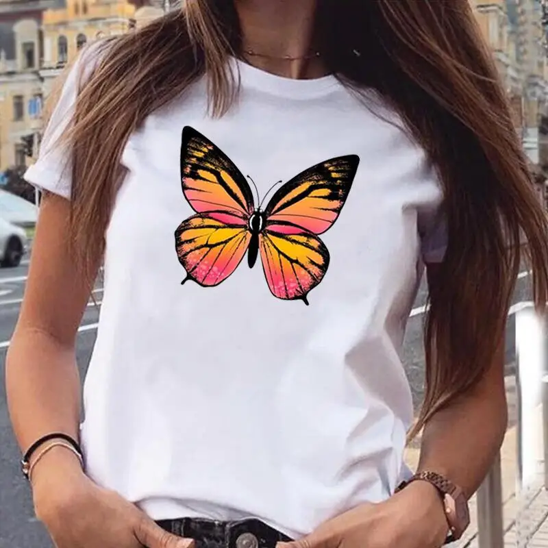 

Летняя футболка с коротким рукавом, женские топы, Повседневная модная футболка с милым мультяшным принтом бабочки и акварелью, женская футб...