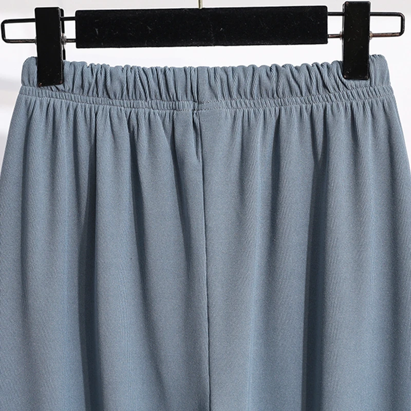 

Women's Summer Casual Trousers Black Blue Knit Pants Plus Size Elastic High Waist Korean Girls Chic loose Wide Leg Pants M-5XL