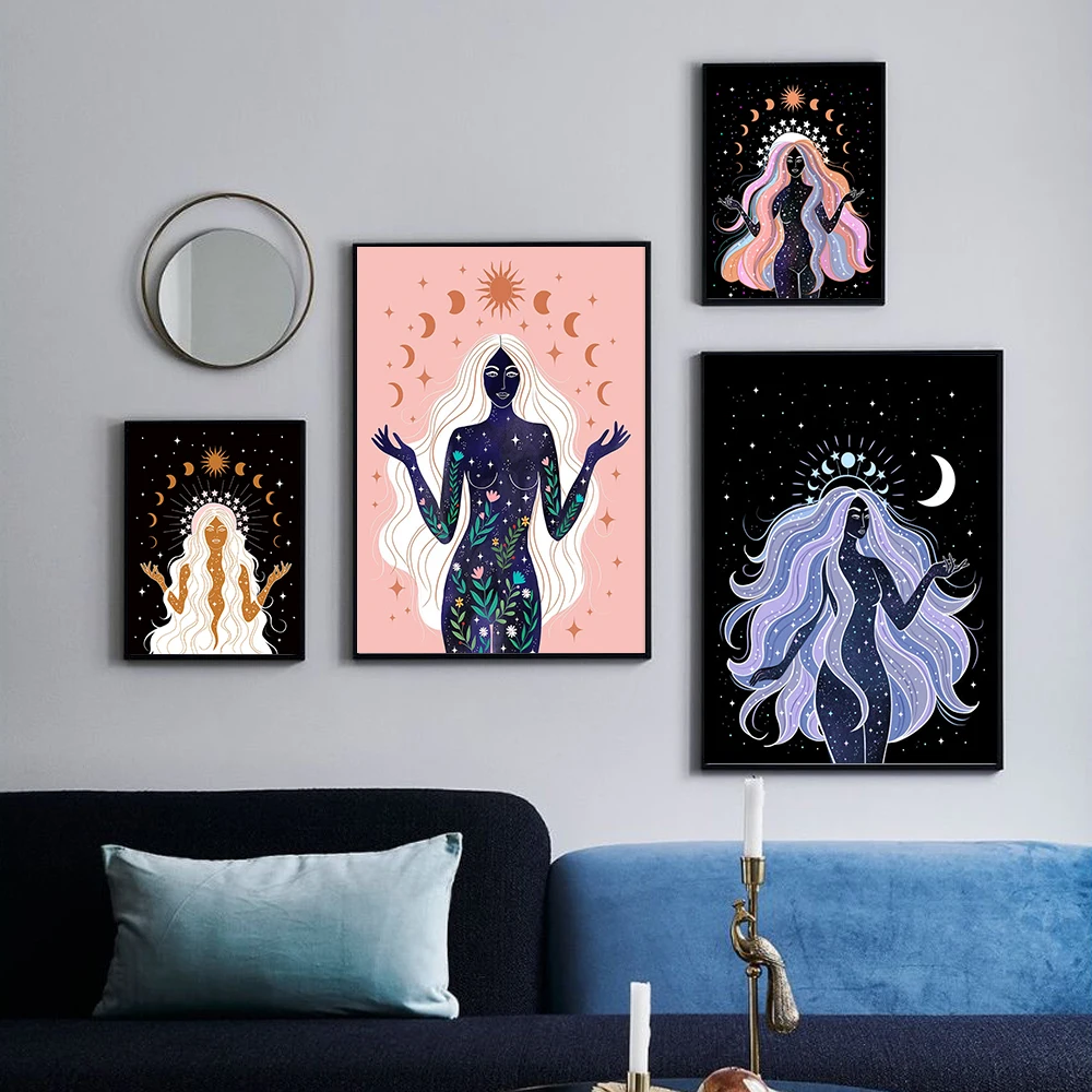 

Boho Witch Earth Celestial Body Star Moon Sun Goddess Poster And Print Canvas Painting Nordic Modern Living Room Home Decor