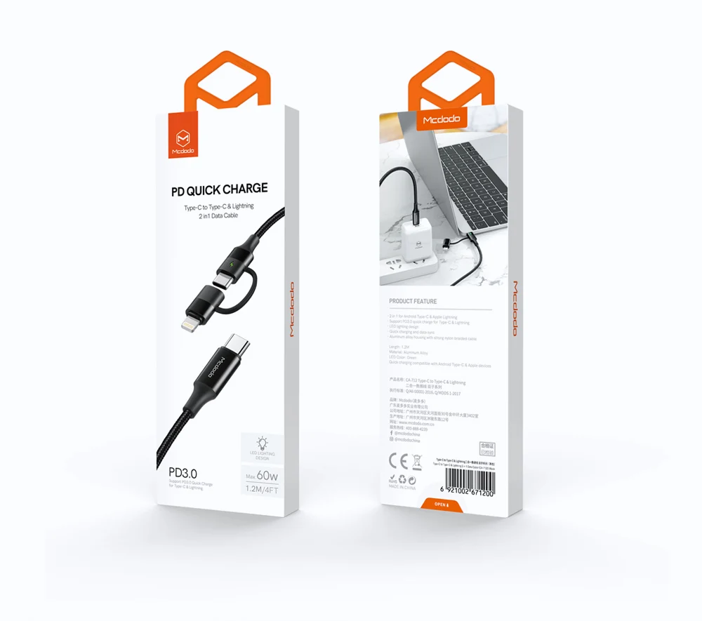 Mcdodo 60 Вт usb type C кабель для USB-C PD Быстрая зарядка для IPhone Xs Max XR X IPad Pro Macbook huawei samsung 2 в 1 шнур зарядного устройства