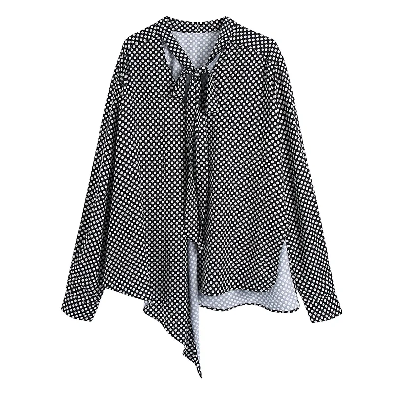 

ZXQJ Women 2021 Fashion Hollow Out Polka Dot Loose Asymmetry Blouses Vintage Bow Tied Collar Long Sleeve Female Shirts Mujer