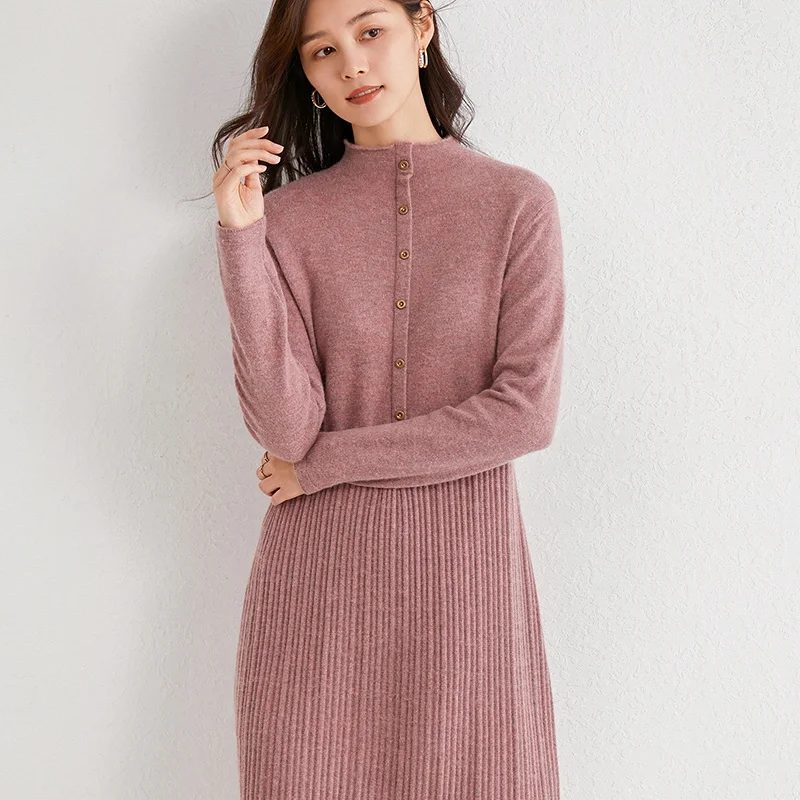 

100% Cashmere and wool Knitted Dress for Women 2020 New Arrival Winter/ Autumn Oneck Female Dresses Long Style 6Colors Jumpers