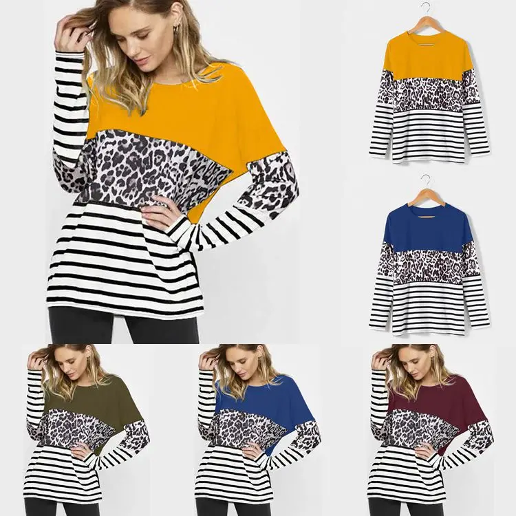 

2020 European and American Fall/Winter New Plus Size Women's Hop Leopard Print Stitching Long Sleeve T-Shirt