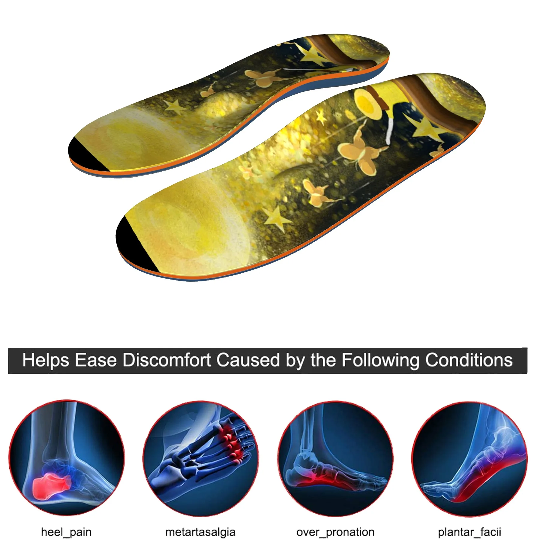 Yellow high arch support, orthopedic insoles, plantar fasciitis, foot sports, running insoles