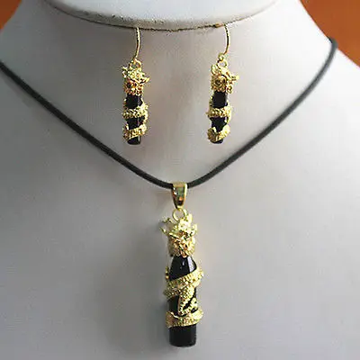 Ювелирные изделия Уникальный китайский нефрит черный кулон серьги набор&gt 18K