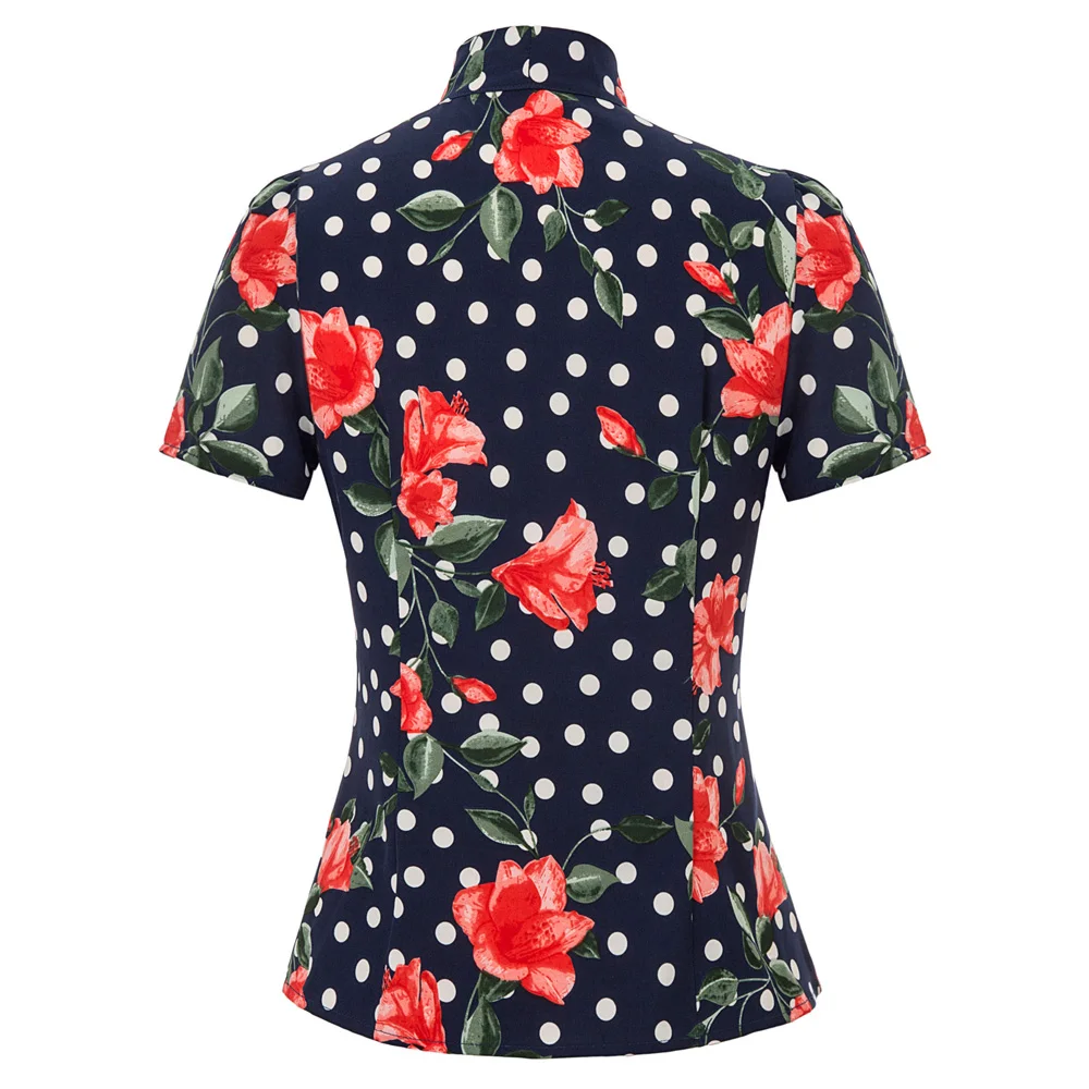 Bow Knot Tops Blouse Casual Turtle neck Tie front Women Short Sleeve Stand collar Button Belle Poque |