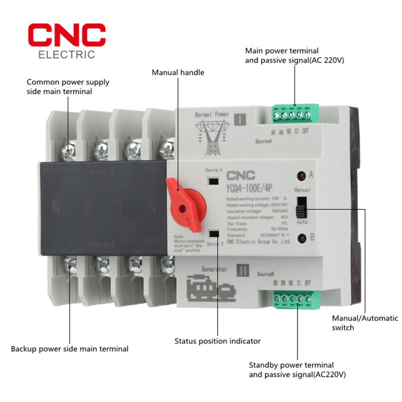 CNC YCQ4-100E/4P 63a 220 A Din рейка ATS переключатели бесперебойного питания двойной