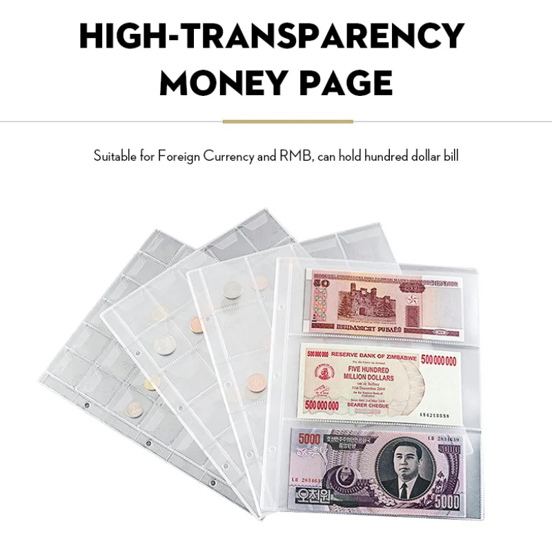 

3 Holes 2 Rows Money Storage Page Sheet Transparent 2 Pockets Currency Page Money Bill Note Storage Holder For Collectors
