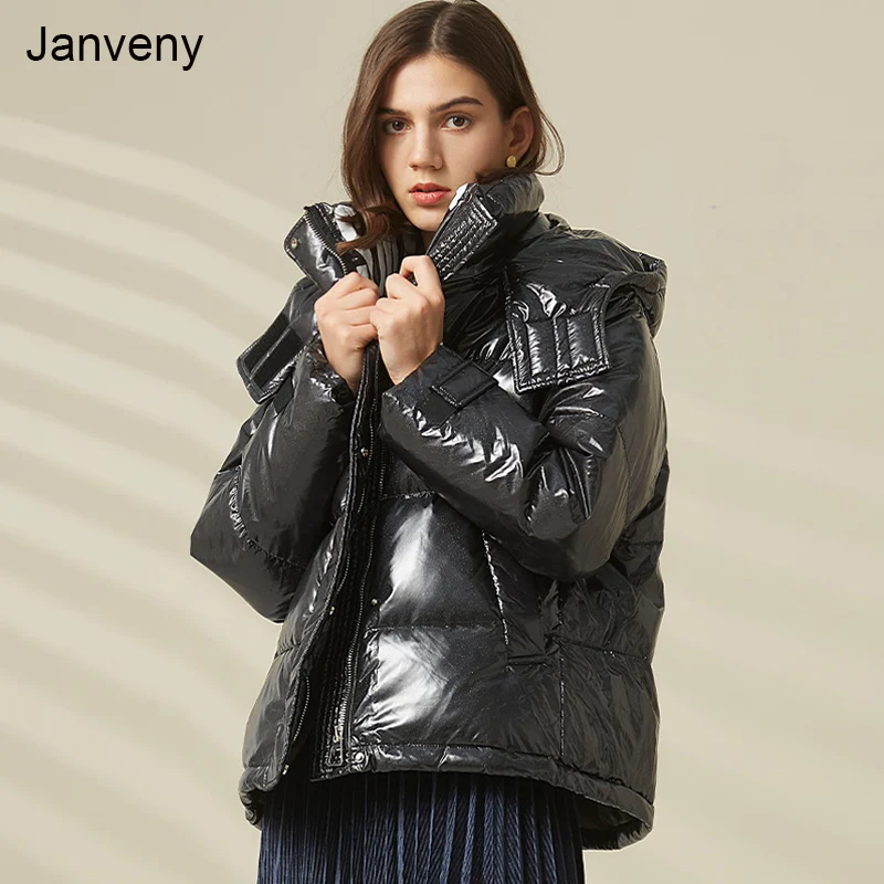 Janveny Winter Women Bright Puffer Jacket 90% White Duck Down Coat Glossy Shiny Female Hooded Parkas Loose Short Outerwear