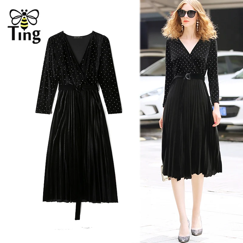 Женское бархатное плиссированное платье до колен с V-образным вырезом | Женская