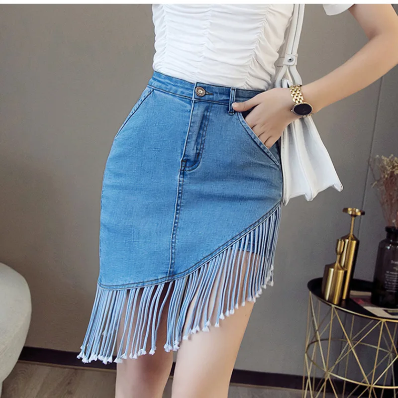 [EWQ] Высокая поясная сумка с бахромой сексуальная женская джинсовая юбка имитация