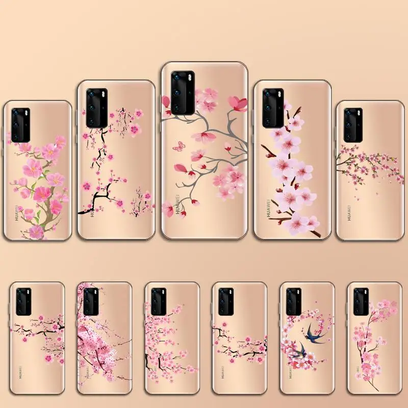 

Cherry Blossom Tree Phone Case Transparent for Huawei P 40 20 30 10 mate pro lite plus custom protective cover