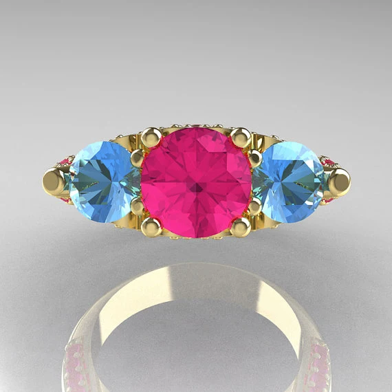 

Charm Female Red Blue Crystal Ring Vintage Yellow Gold Color Wedding Rings For Women Luxury Round Zircon Engagement Ring