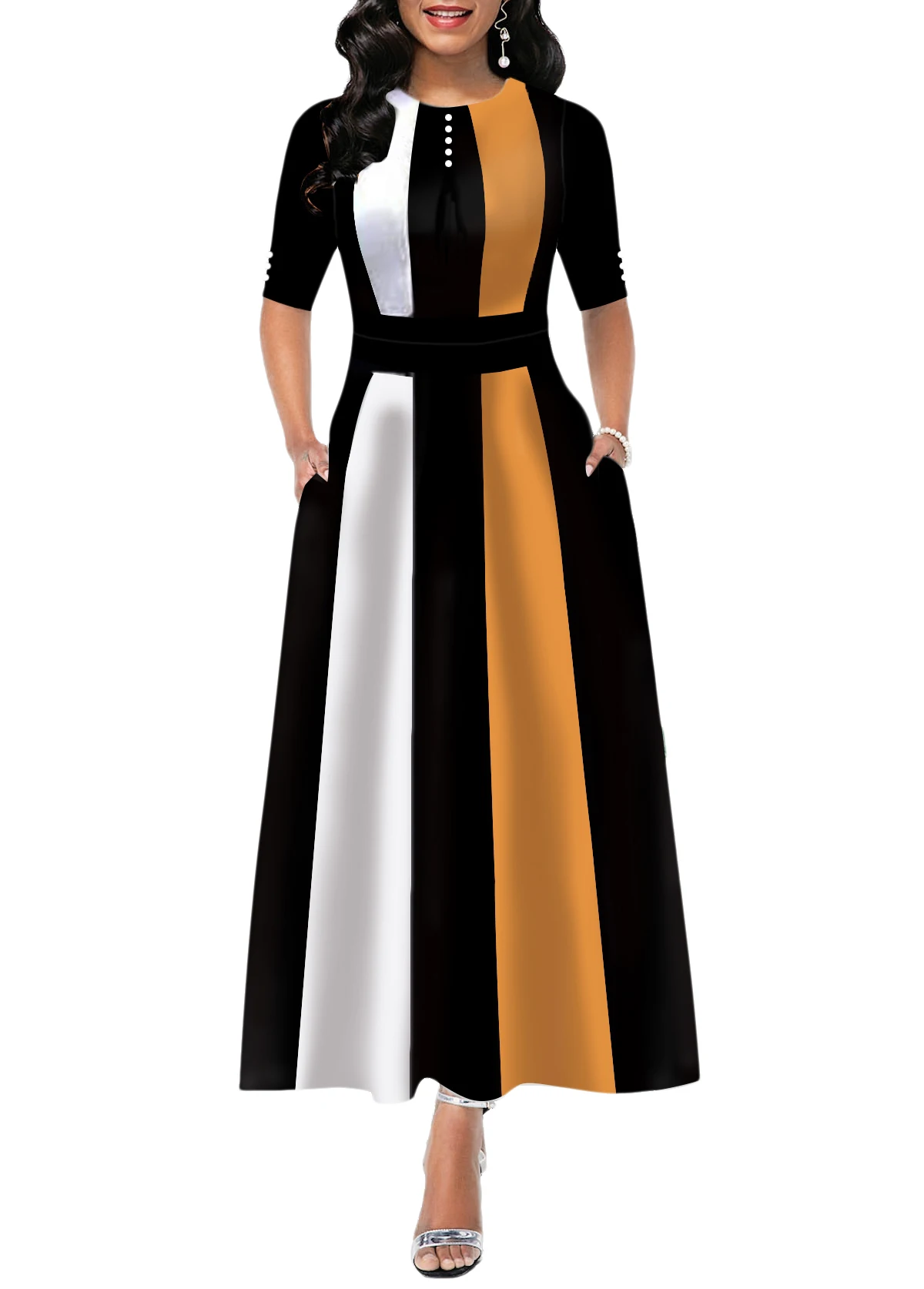 

2021 New Fashion Women Casual Party Dress Female Sexy Half Sleeves Striped Long Dress Elegant A-line Dresses Outfits S-2XL