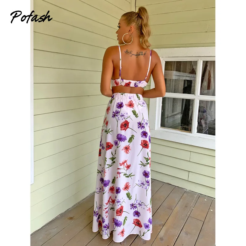 

Pofash Backless Floral Print Summer Two Piece Sets Women Spaghetti Strap Tops And Skirts Set 2021 Female Holiday 2 Piece Outfits
