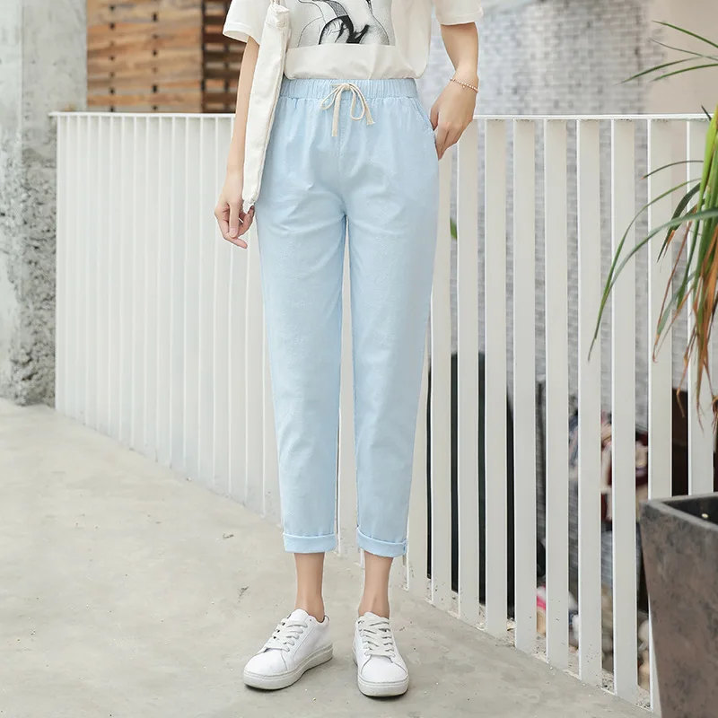 SkyBlue Женские брюки-карандаш, повседневные, Harajuku, длина по щиколотку, летние, Осенние, размера плюс, одноцветные, эластичная талия, хлопок, лен, брюки, черные - Цвет: SkyBlue