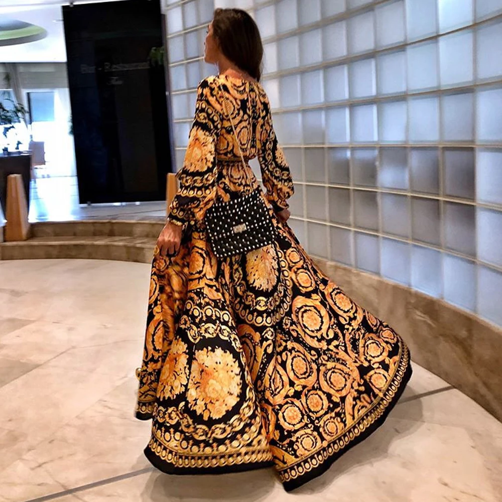 Пляжное платье-макси золотистого цвета с цветочным принтом и глубоким V-образным