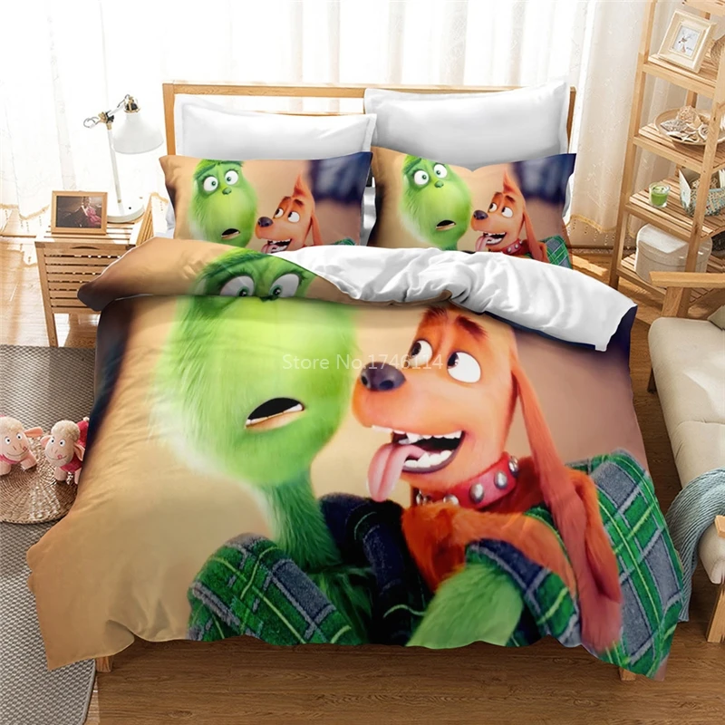 

Green Monster Grinch Cartoon Bedding Set Duvet Cover Pillowcases Comforter Cover Bed Linens Bedclothes Twin Full Queen King Size