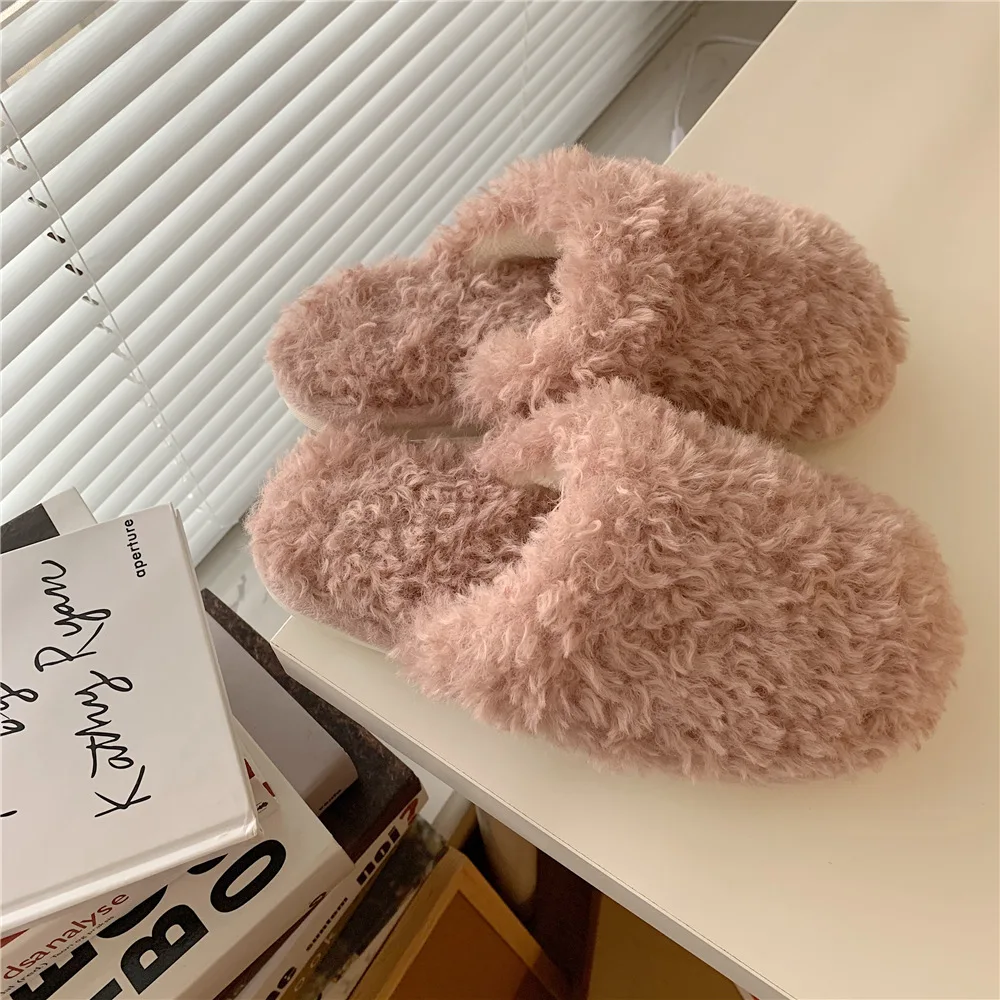 Women's Fluffy Slippers Winter Short Plush Indoor Cotton Shoes Soft Warm Non-slip Home Slippers Non-slip Flat Indoor Slippers