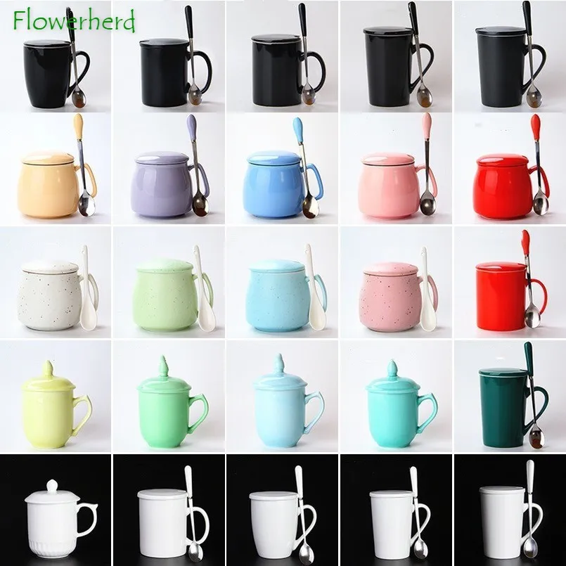 Керамическая фарфоровая кофейная кружка с крышкой ложкой креативная чашка для