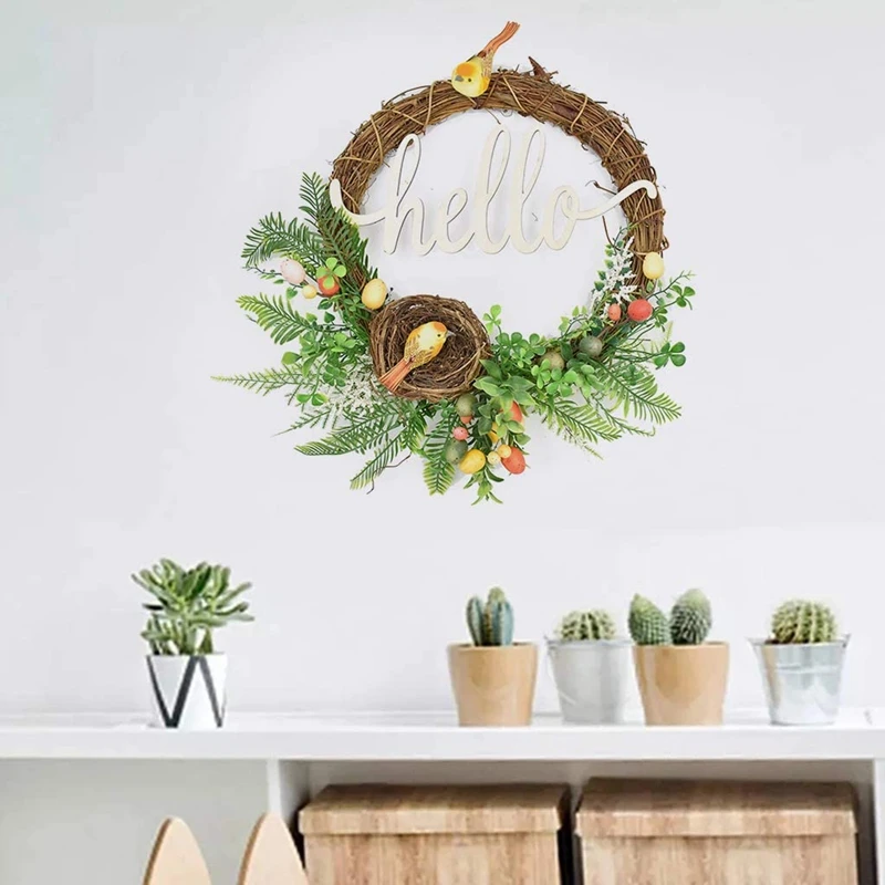 

Пасхальная гирлянда с яйцами, венок из ротанга, искусственный цветок для входной двери, пасхальное украшение «Hello», 17 дюймов