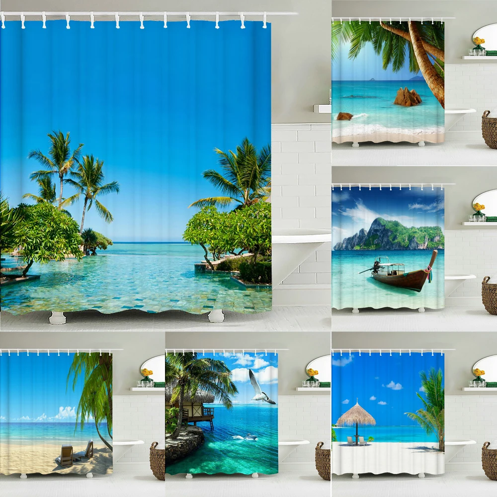 

Sunny Beach Seaside Printed Fabric Shower Curtains Sea Scenery Bath Screen Waterproof Products Bathroom Decor with 12 Hooks