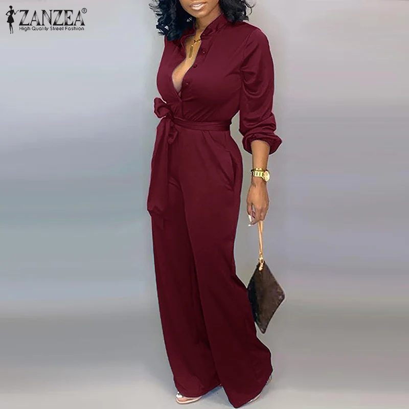 

ZANZEA Women Belted Jumpsuits 2021 Spring OL Puff Sleeve Overalls Casual Fashion Solid Loose Pockets Button Up Oversized Romper