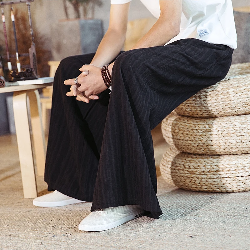 Мужские черные и красные широкие повседневные льняные брюки кимоно юбка мужские