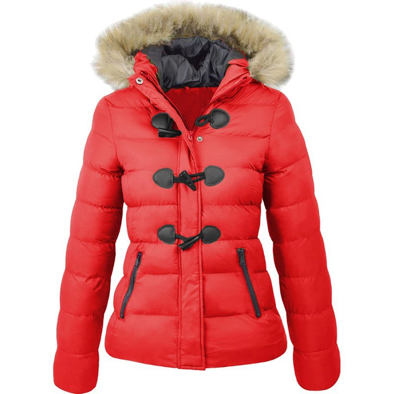 Winter Women's Cotton Padded Short Hooded Warm Horn Buckle Decoration Coats Female Popular Thick Clothing Street Mujer Wear Tops